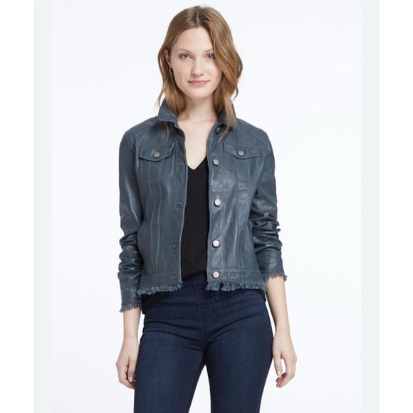 JKT NYC x Nic & Zoe Alexa Patina Fringe Button Front Leather Jacket Blus Sz M - Picture 1 of 12